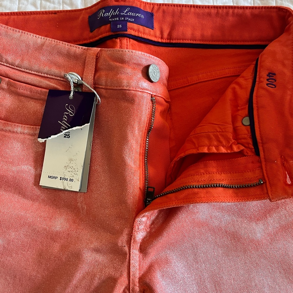 Ralph Lauren mandarin coral coated denim skinny ankle jeans - Picture 6 of 7